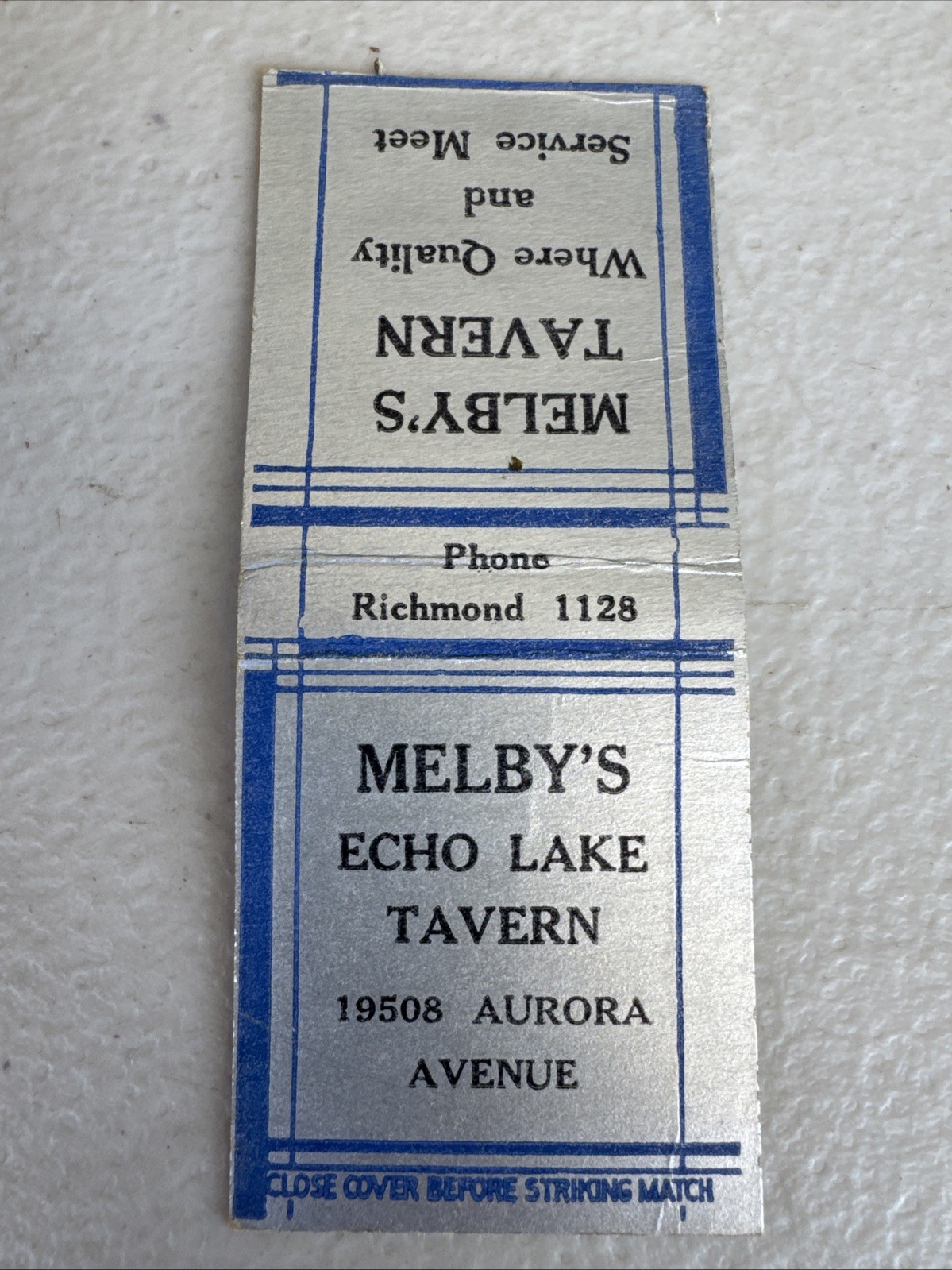 Matchbook Cover Vintage Melby’s Tavern Washington