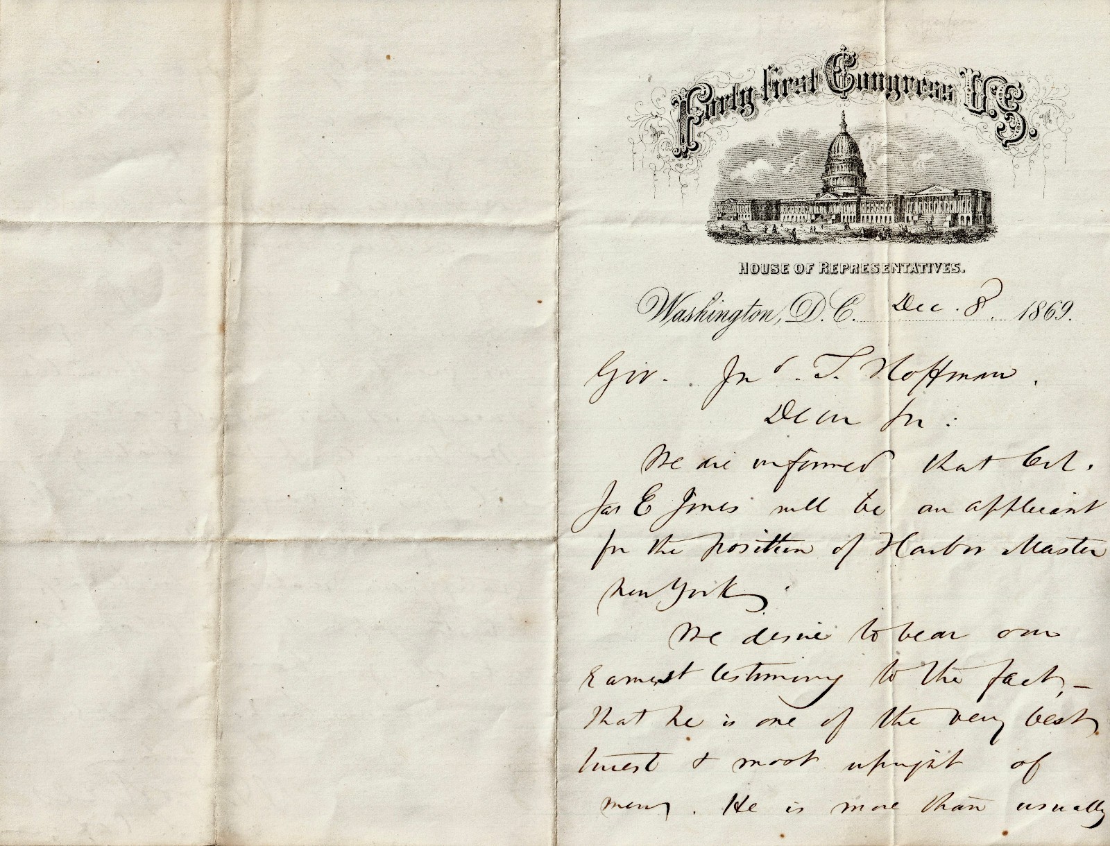 Samuel S. Cox  & Daniel W. Voorhees 1869 ALS Letter to NY Gov. John Hoffman