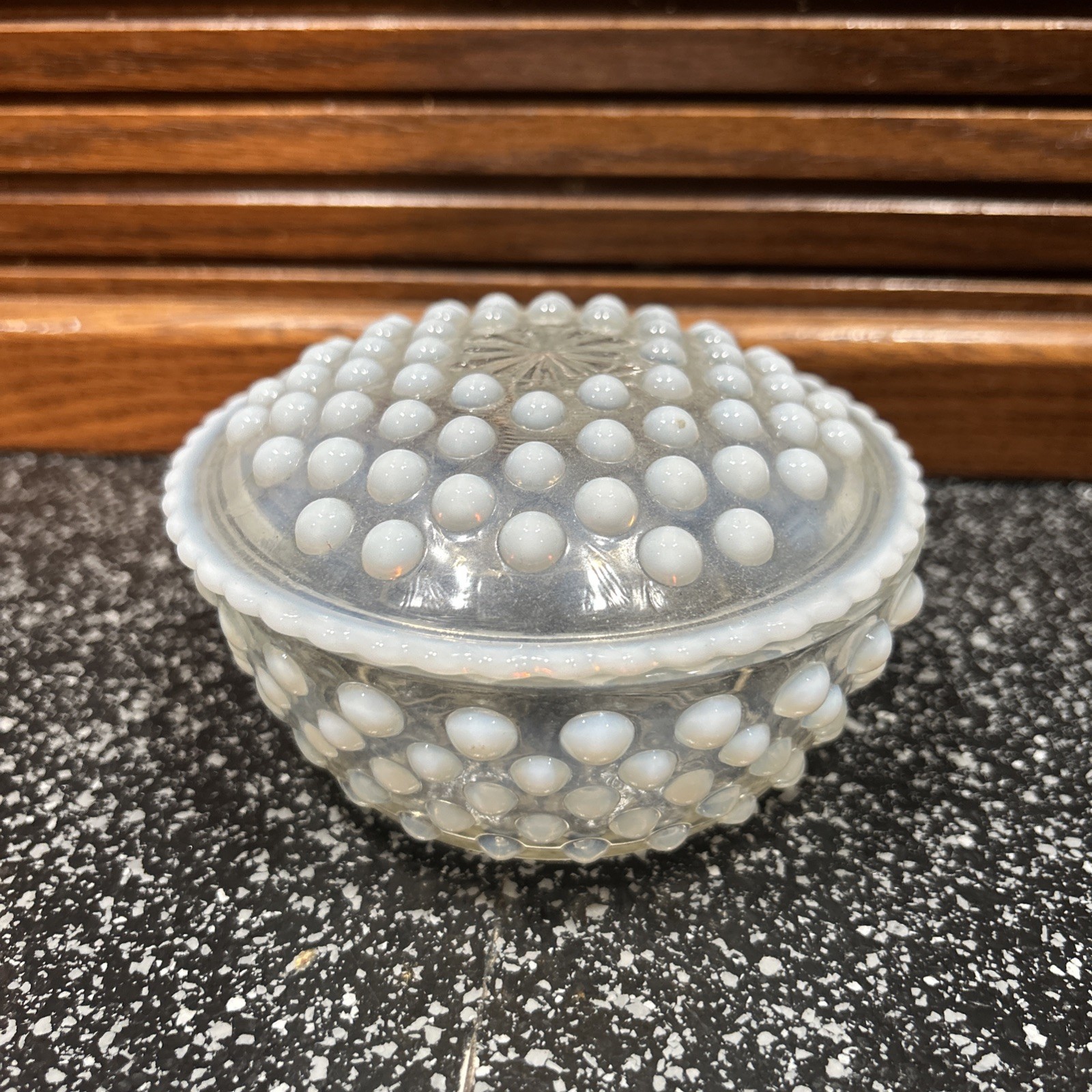 🔥  Vintage • Anchor Hocking Moonstone Opalescent Hobnail Glass Powder Dish