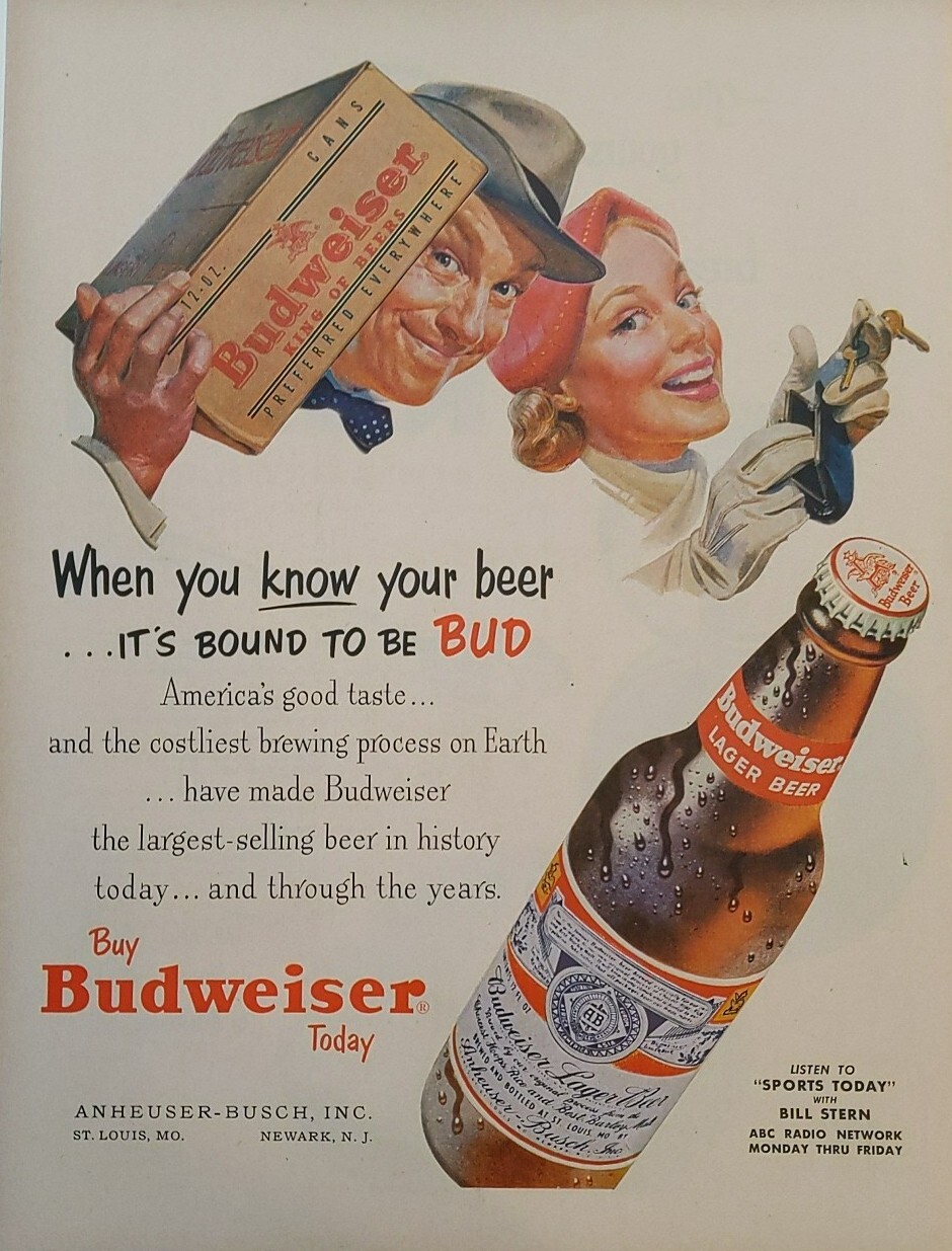 1954 vintage Budweiser print ad, Post World War II.