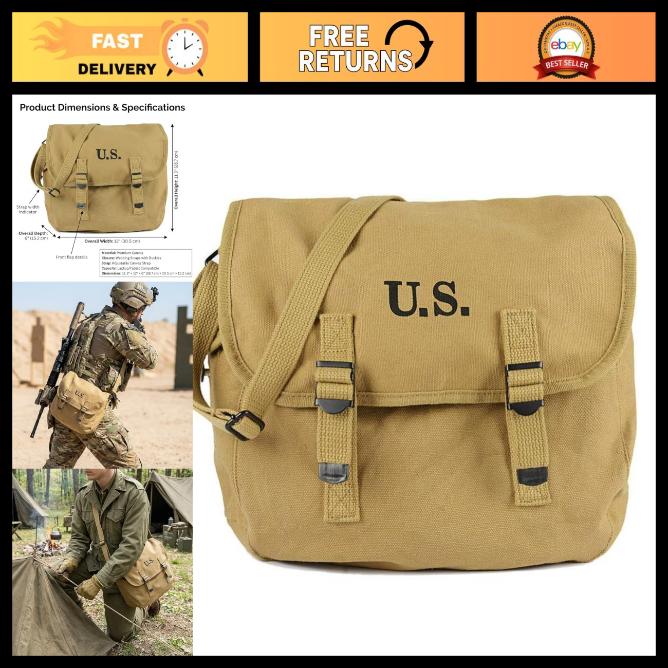 Vintage WWII Canvas Messenger Bag - Lightweight Military Satchel, Tactical Cross Vintage WWII Canvas Messenger Bag - Lightweight Military Satchel, Tactical Cross