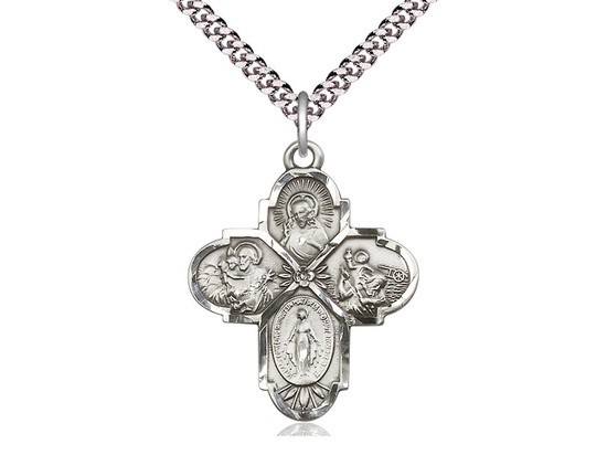 Pewter 4-Way Catholic Holy Medal Pendant Necklace 24\