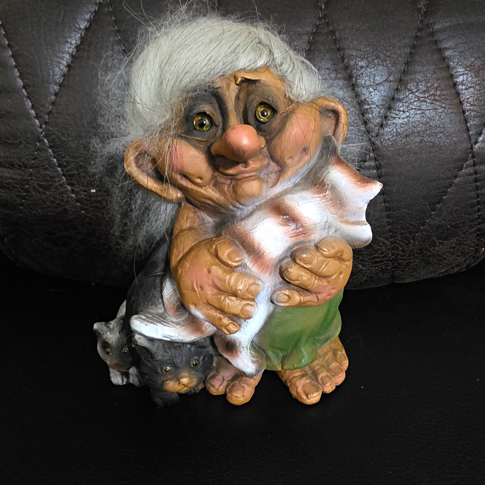 Nyform Norway Troll Gnome Figurine Gray Hair Green Pants Cat Lady Fantasy