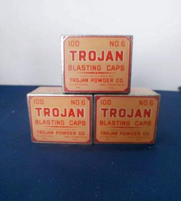 Antique Trojan Powder Co Blasting Caps Tin Box 100 No. 6 Allentown PA San Fran 
