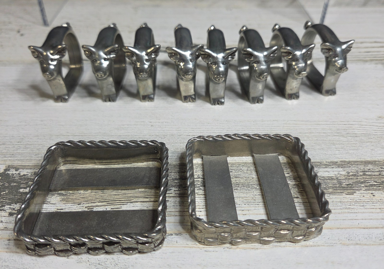 Vtg Seagull Pewter Canada Pig Napkin Rings Holders Set of 8 w/2 Trays Holders