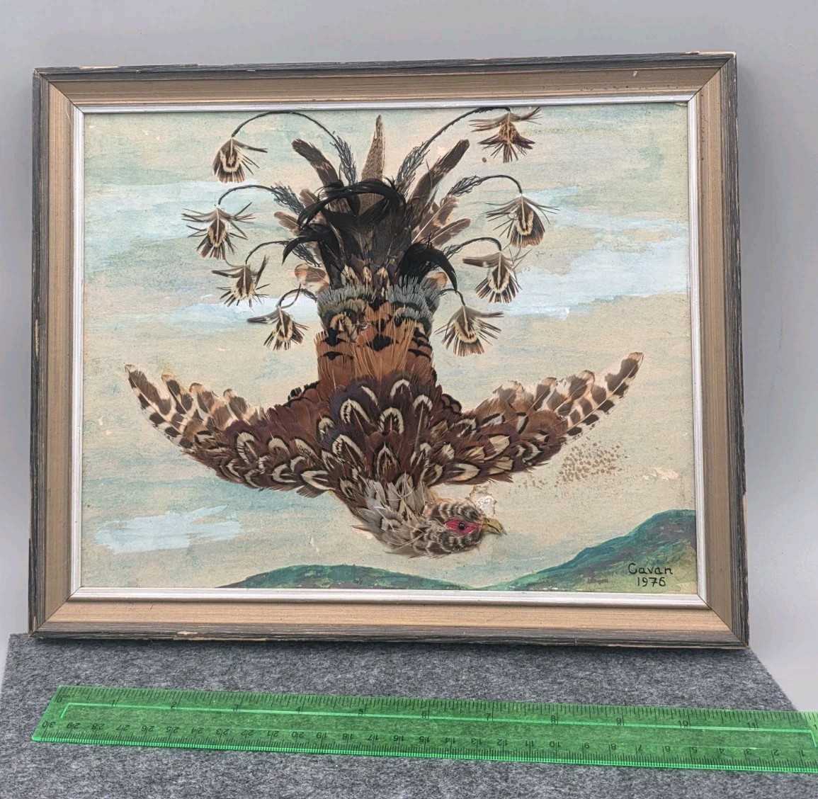 Vintage 1976 Signed Feather Art Bird Collage Folk Art Framed Handmade