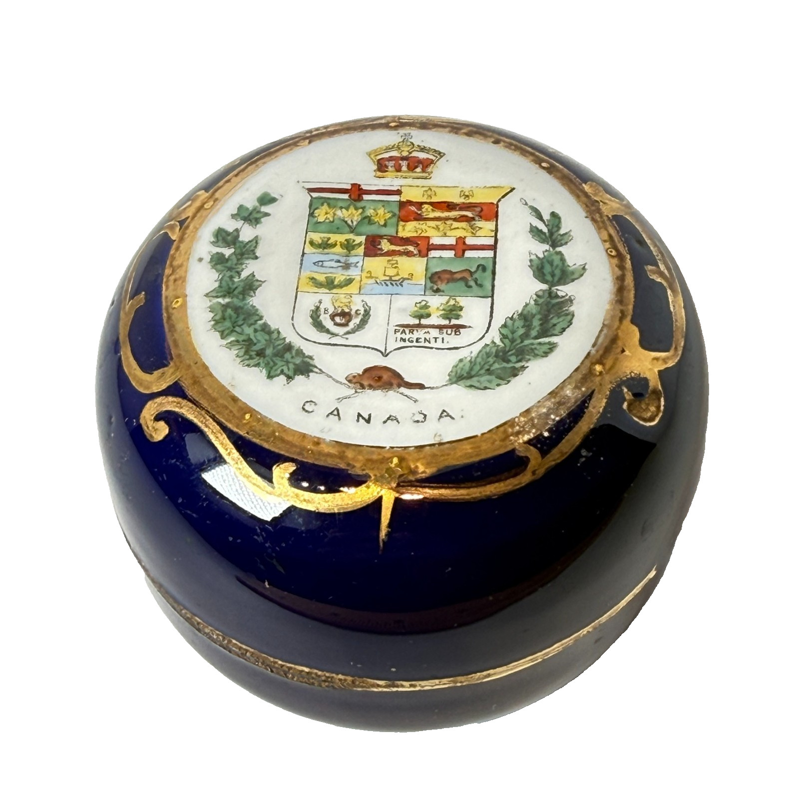 CANADA COAT OF ARMS CREST Antique Souvenir China COBALT TRINKET BOX