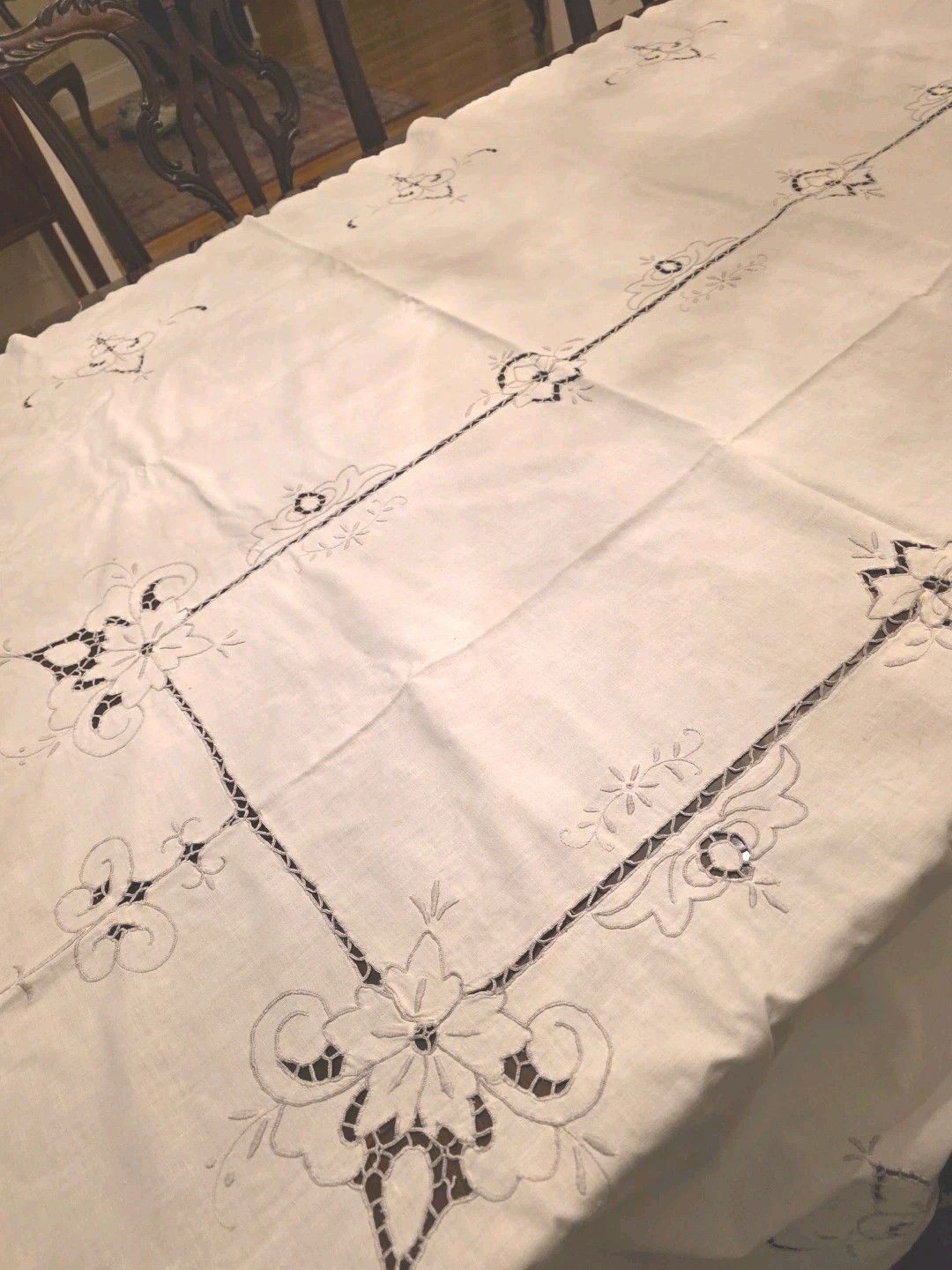 Vtg Madeira Embroidery White Tablecloth Cutwork Blue Threads 96 Vtg Madeira Embroidery White Tablecloth Cutwork Blue Threads 96