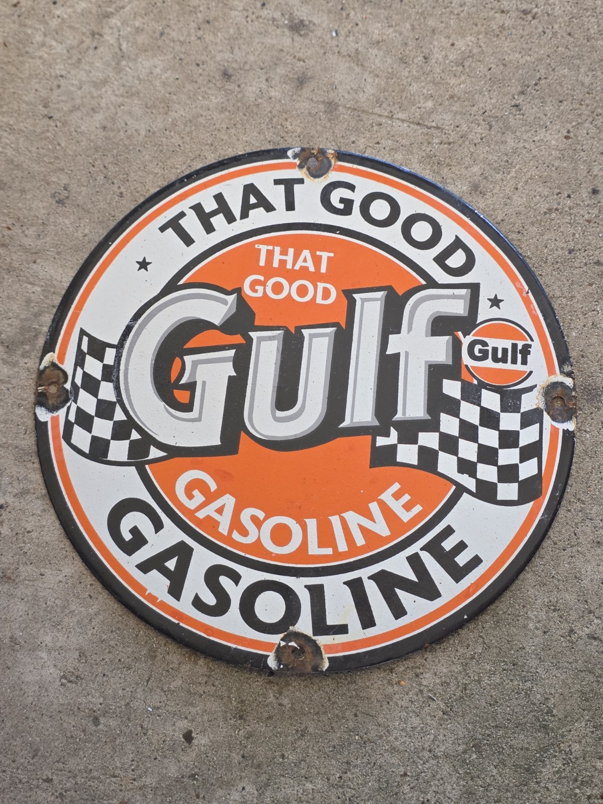VINTAGE “THAT GOOD GULF “GASOLINE PORCELAIN GAS PUMP MOTOR OIL SIGN 12