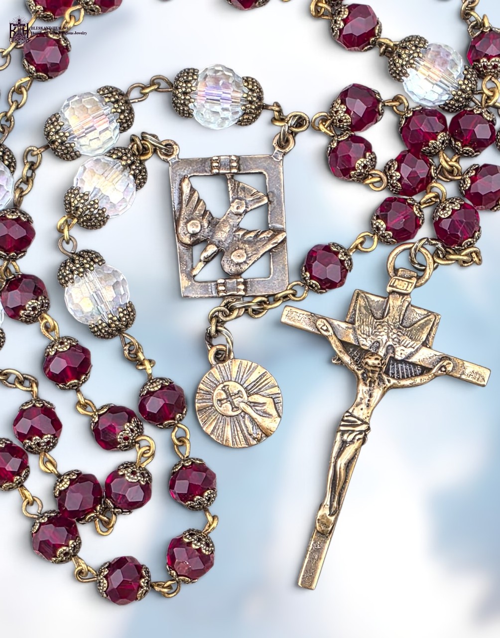 Holy Spirit Holy Eucharist Rosary Chaplet 50 Beads - Heirloom Bronze, Red Glass