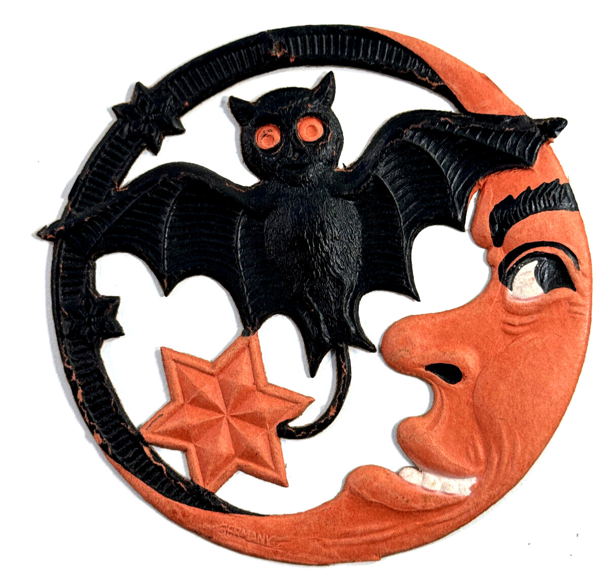 Antique vtg Halloween German Embossed Die Cut Black Bat Paper Moon
