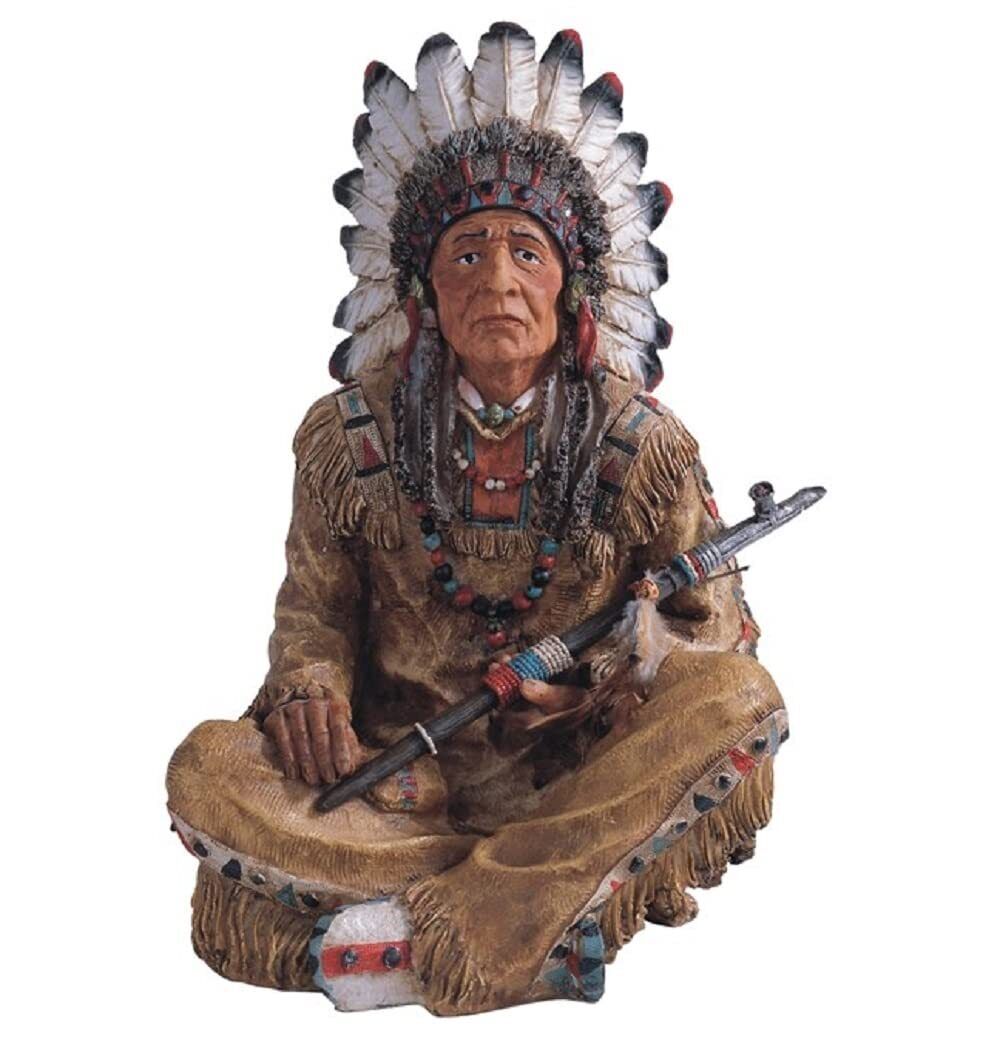 14'' H Indian Chief Sitting Statue Native American Decoration Figurine, Multi...