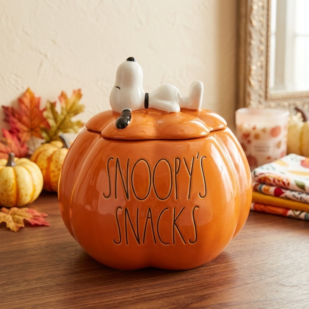 Rae Dunn x Peanuts Halloween Snoopy’s Snacks Pumpkin Treat Jar Ceramic