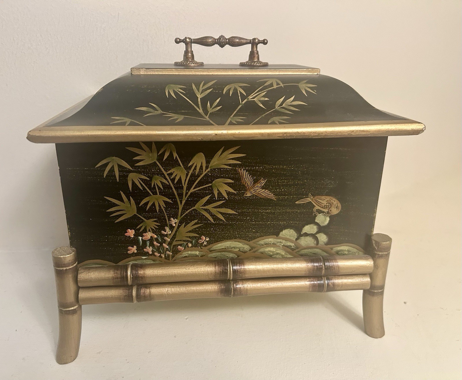 Vintage Hand-Painted Wood Asian Chinoiserie Keepsake Chest with Faux Bamboo Legs