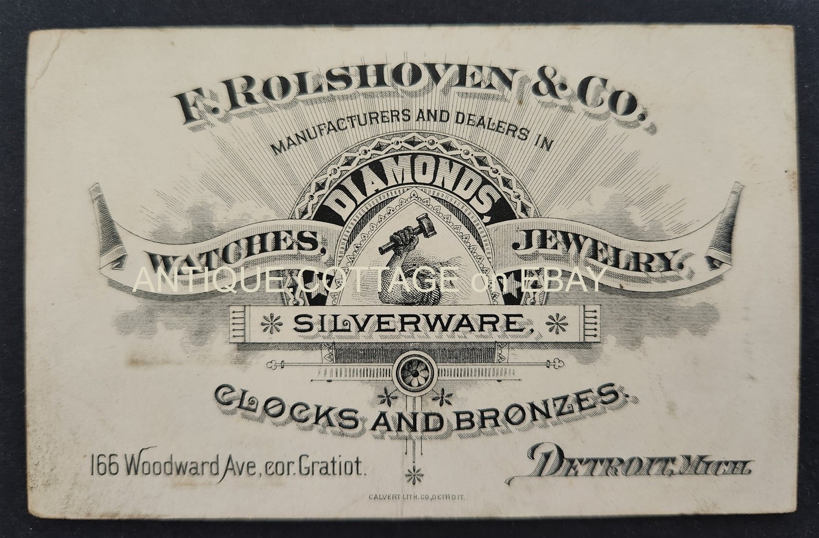 1800s antique BUSINESS CARD detroit mi F ROLSHOVEN & Co watches jewelry silver