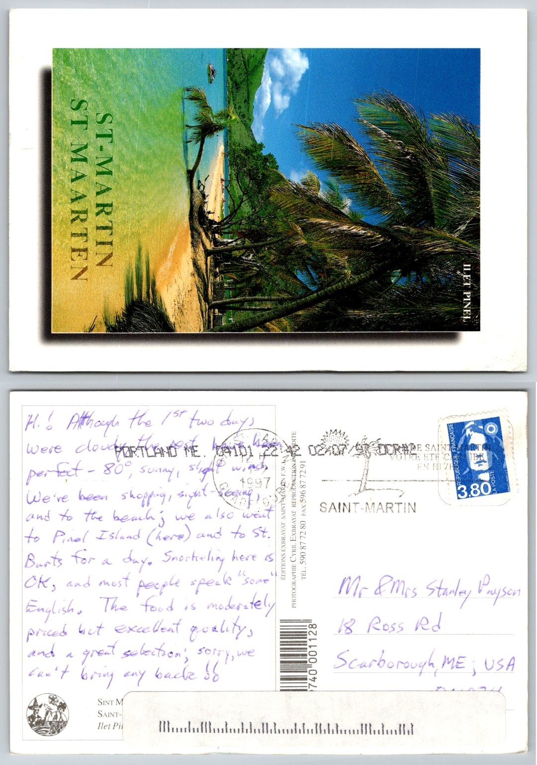 St Martin Ilet Pinel Beach Postcard 1998 Posted French Caribbean