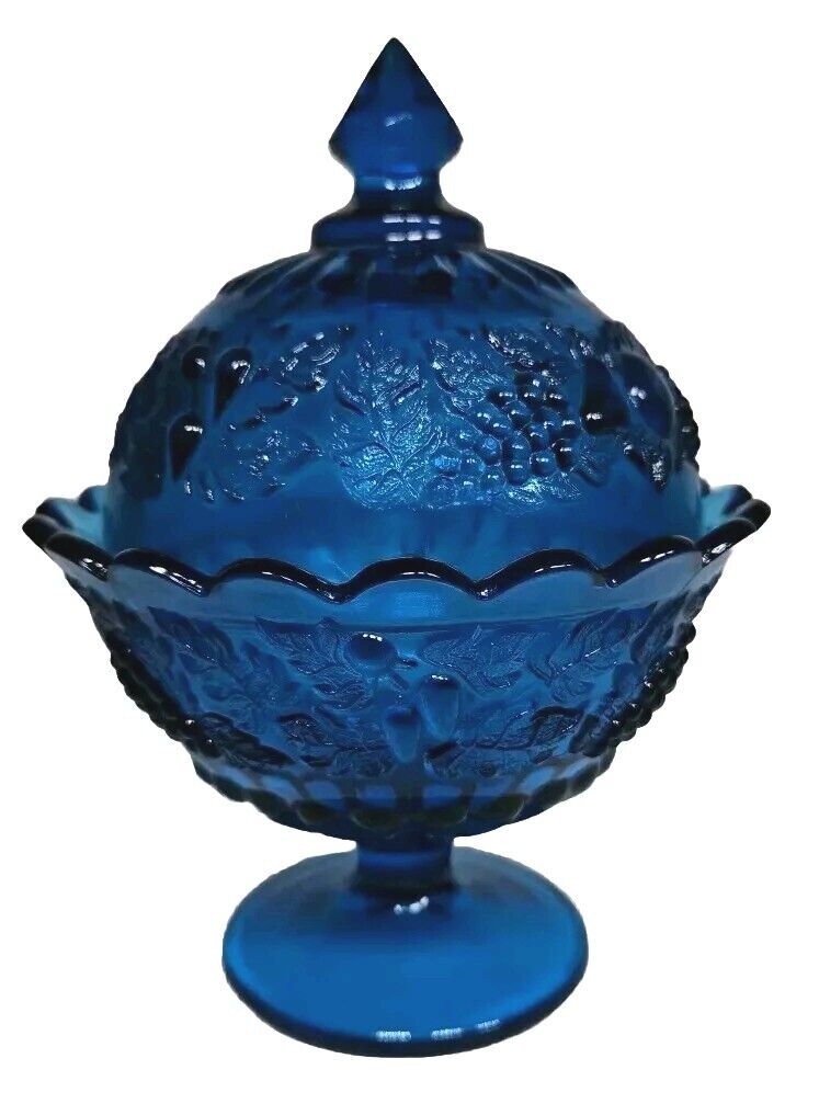 Vtg Westmoreland Blue Glass Compote/Candy Dish w/ Lid Raised Vineyard Pattern EU
