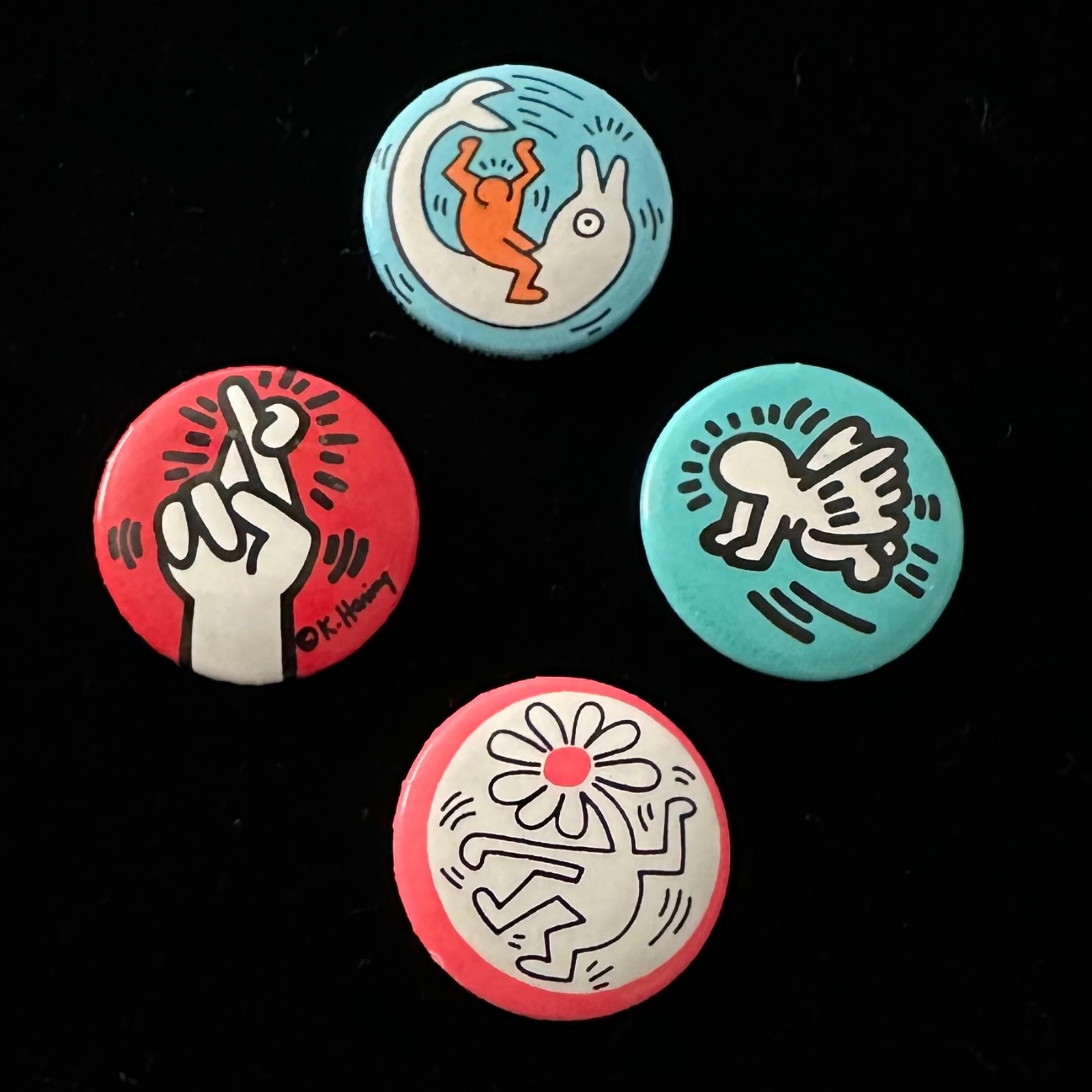 Keith Haring Pins: Flying Baby/Rodeo Dolphin/Fingers Crossed/Dancing Flower
