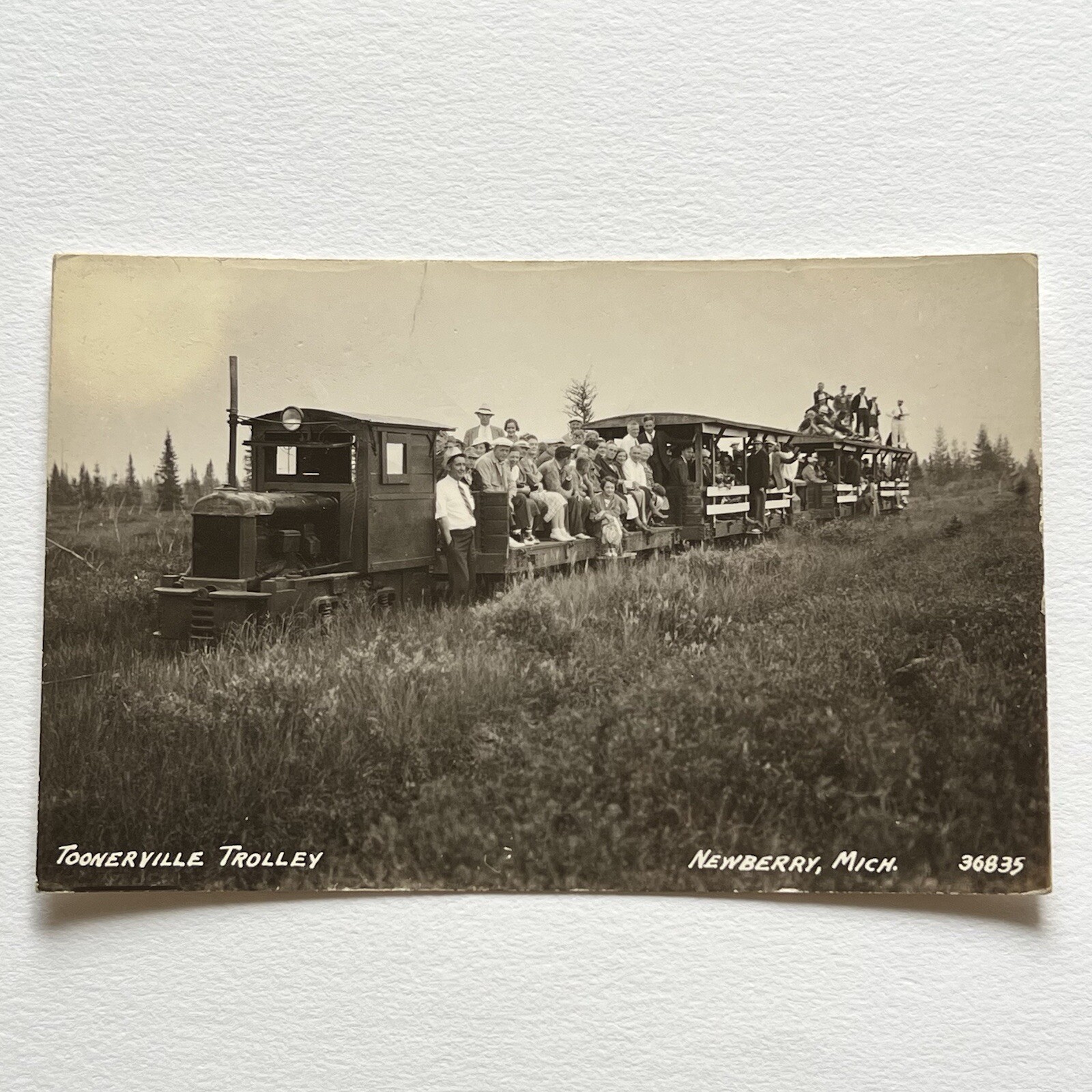 Antique RPPC Real Group Photograph Postcard Toonerville Trolley Newberry MI