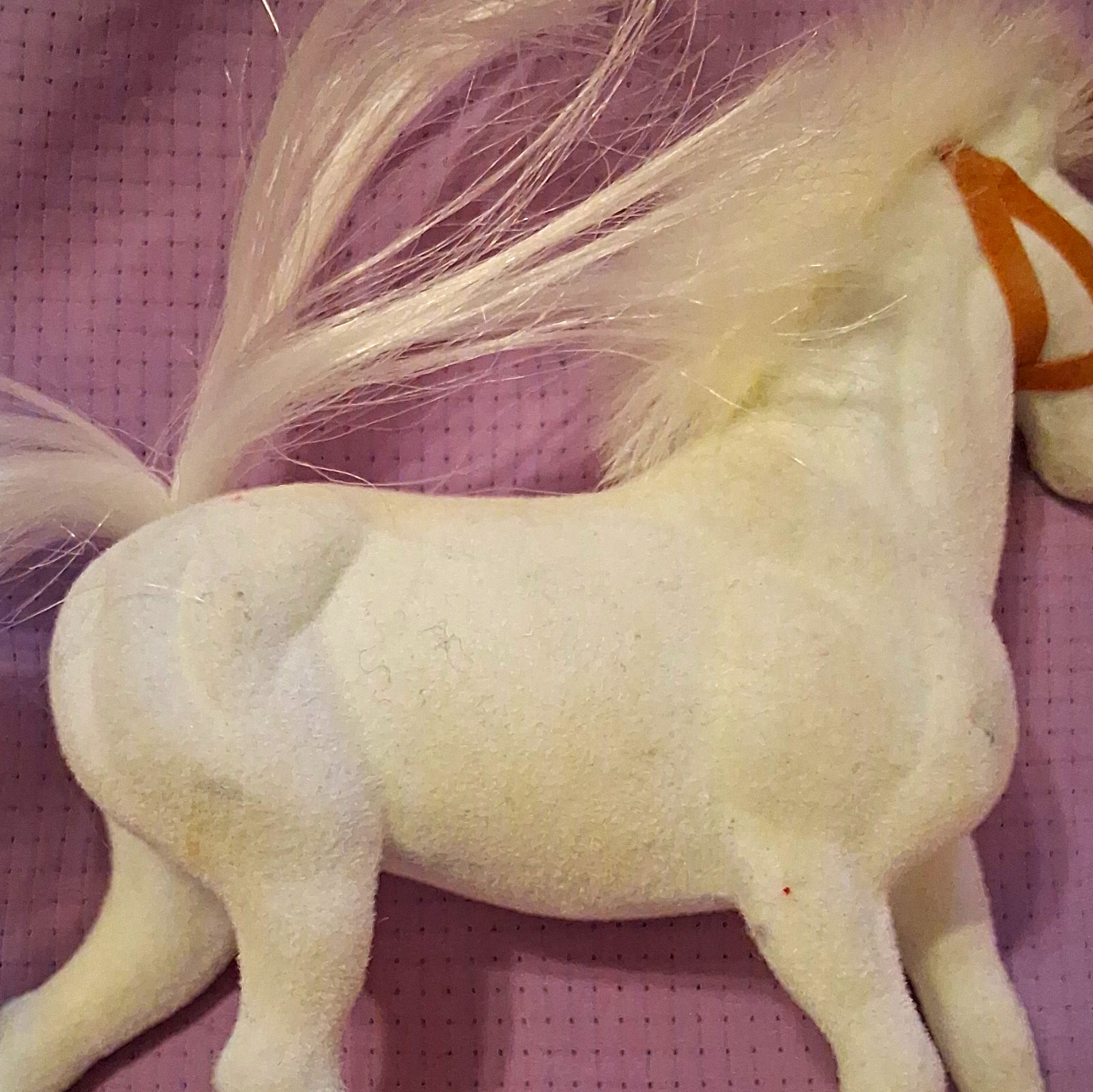 White Plastic Horse Figurine Model w/ Long Mane & Tail, Brown Bridle