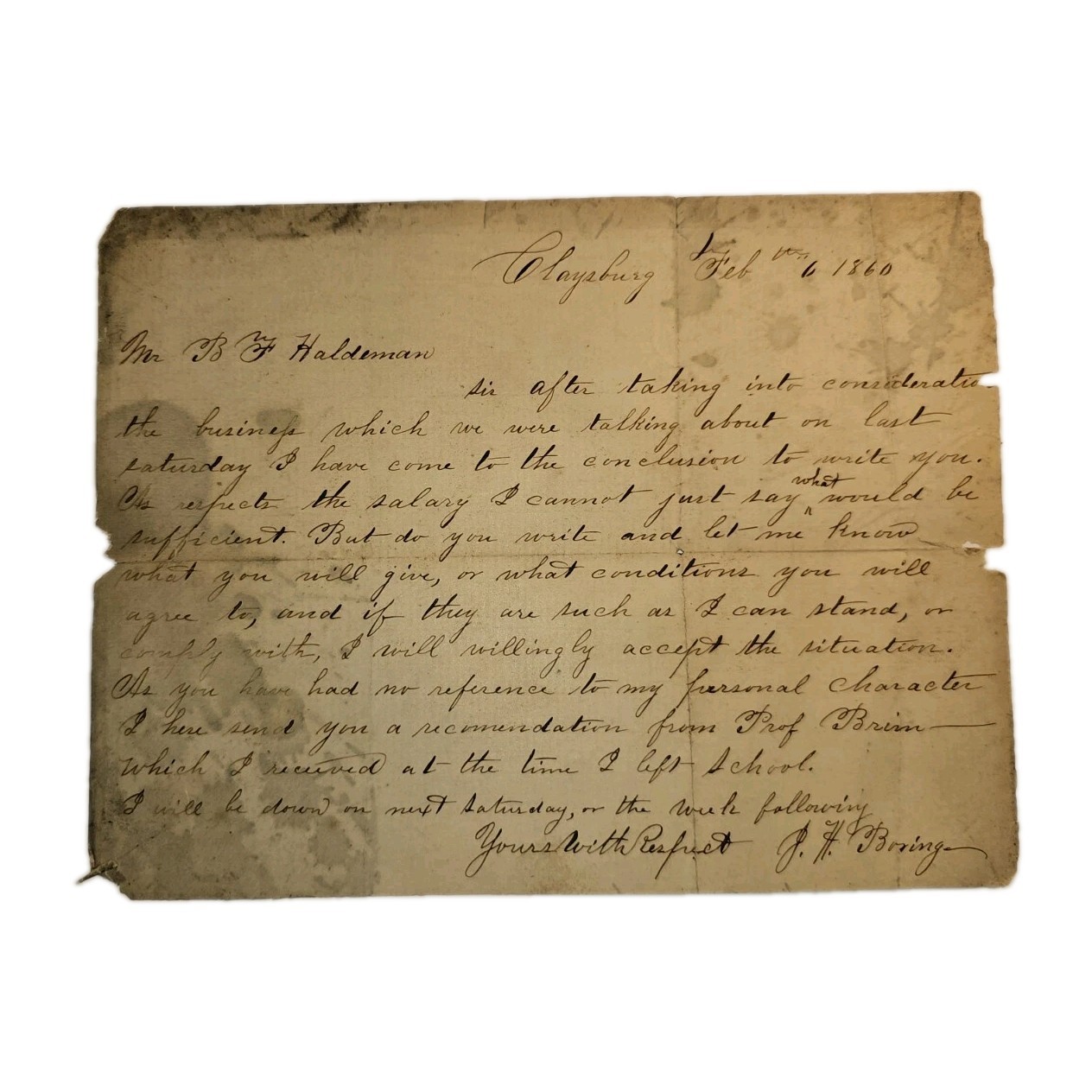 1860 J.H. Boring Claysburg PA Gunsmith Letter – Prof Brim Rainsburg Seminary