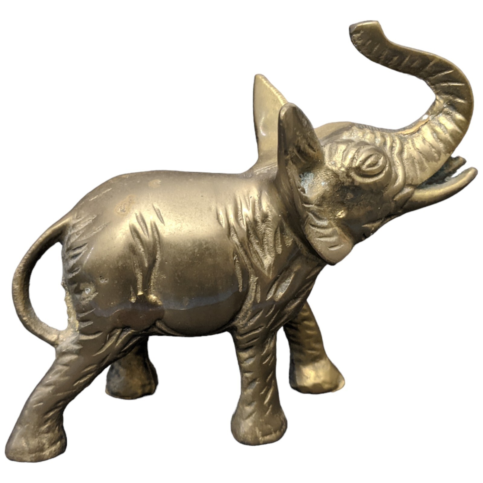 Brass Elephant Figurine Trunk Up Good Luck Paperweight Heavy Gold Tone Metal Vtg