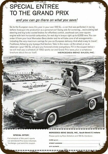 1962 MERCEDES BENZ 190SL Convertible Car Vnt-Look DECORATIVE REPLICA METAL SIGN 