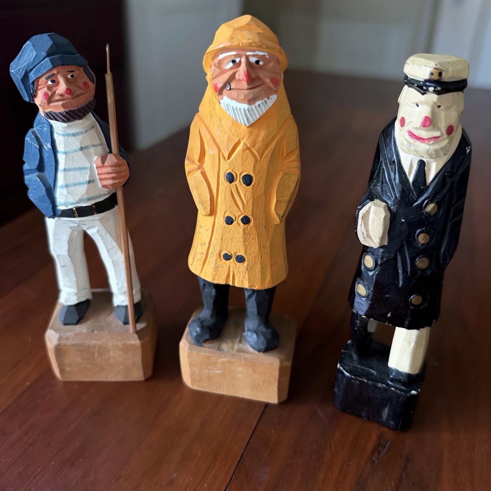 Vintage Hand-Carved Trio Of Old Sailors Wooden Figurines, Nautical Old Salty Vintage Hand-Carved Trio Of Old Sailors Wooden Figurines, Nautical Old Salty