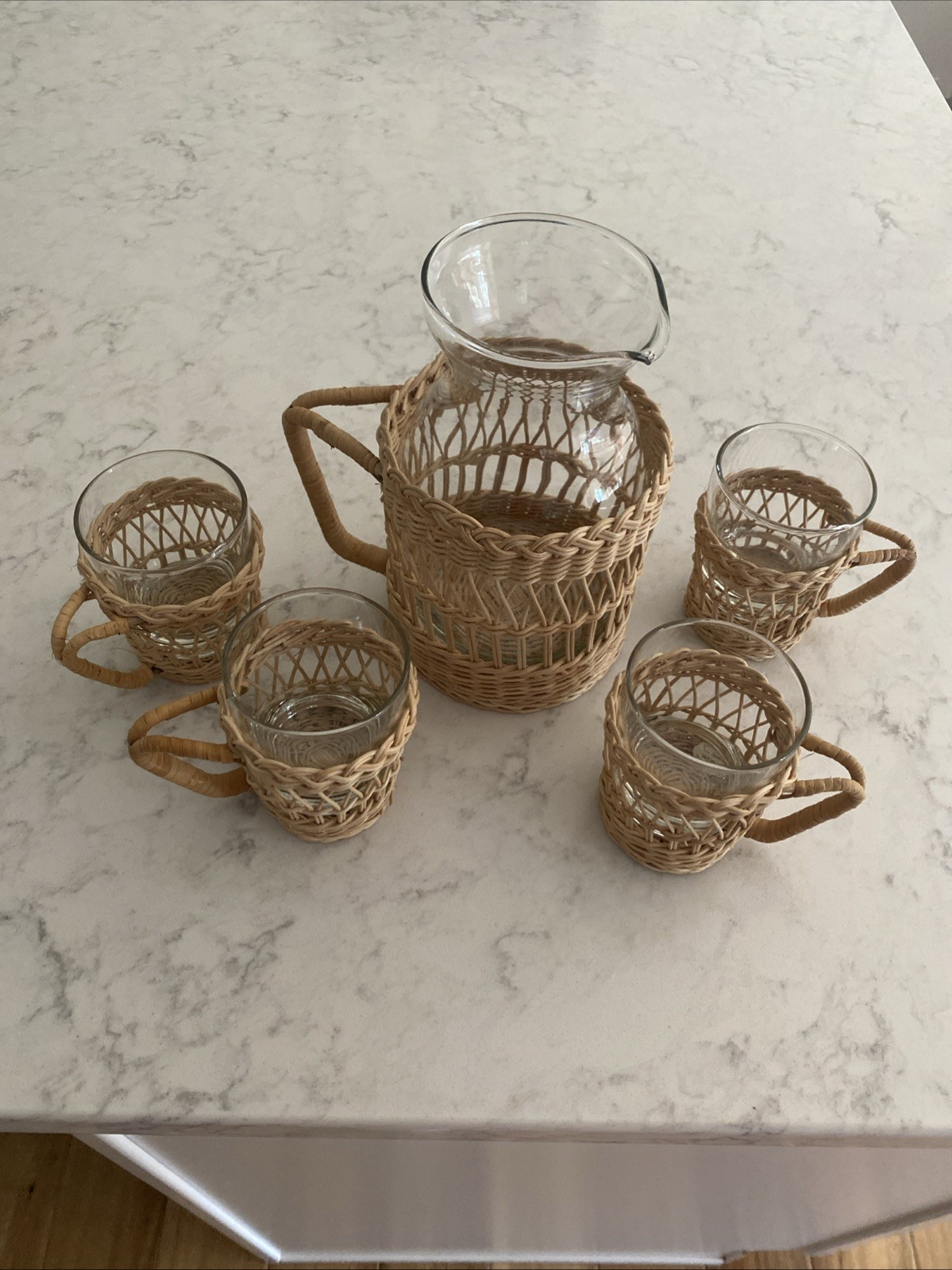 Vintage Rattan Wicker Pitcher & Glasses Set Mid Century Modern