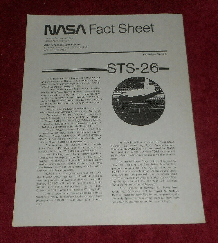 1987 NASA Fact Sheet STS-26 Space Shuttle Discovery Mission Return To Flight JFK