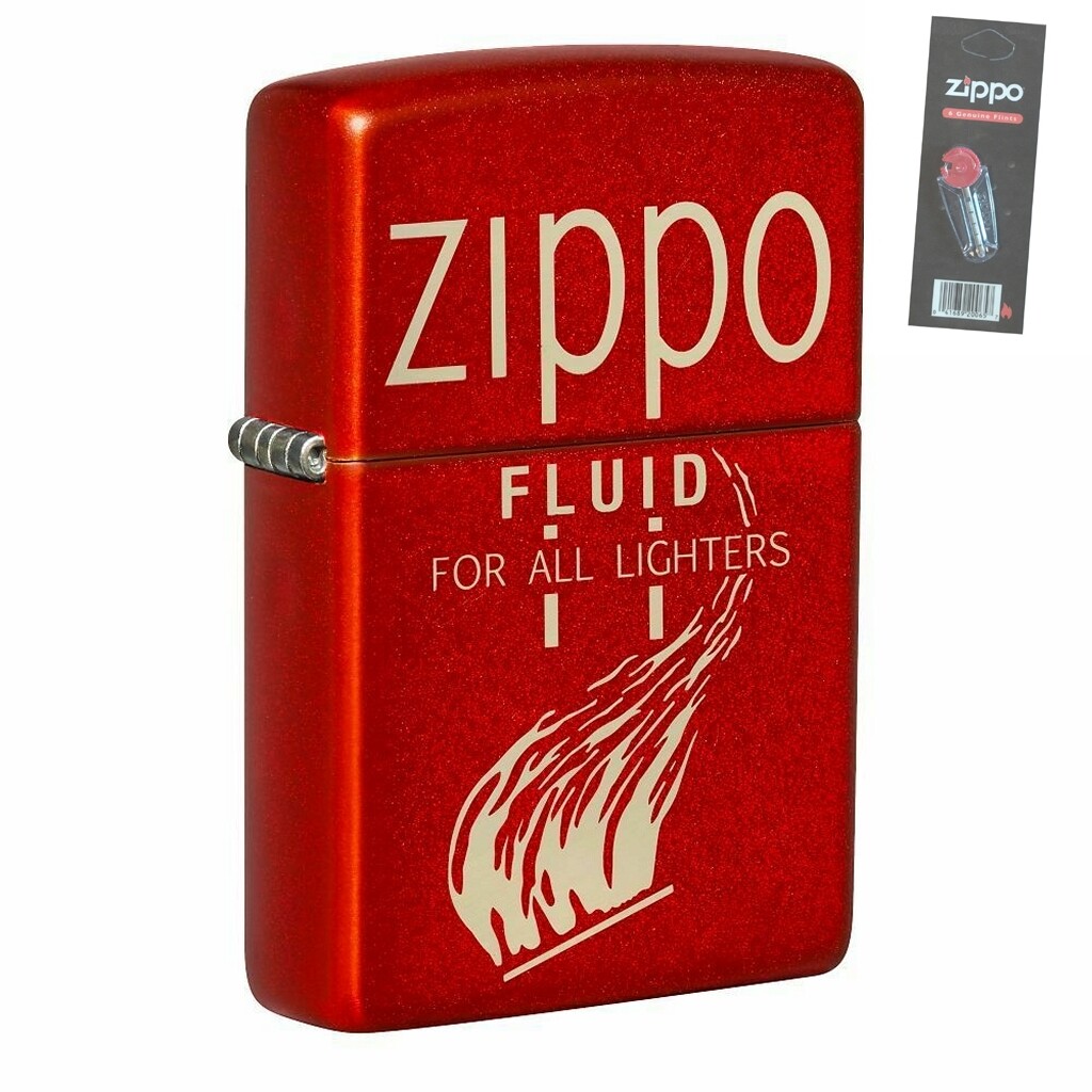 Zippo 49586 Retro Design Metallic Red Pocket Lighter + FLINT PACK