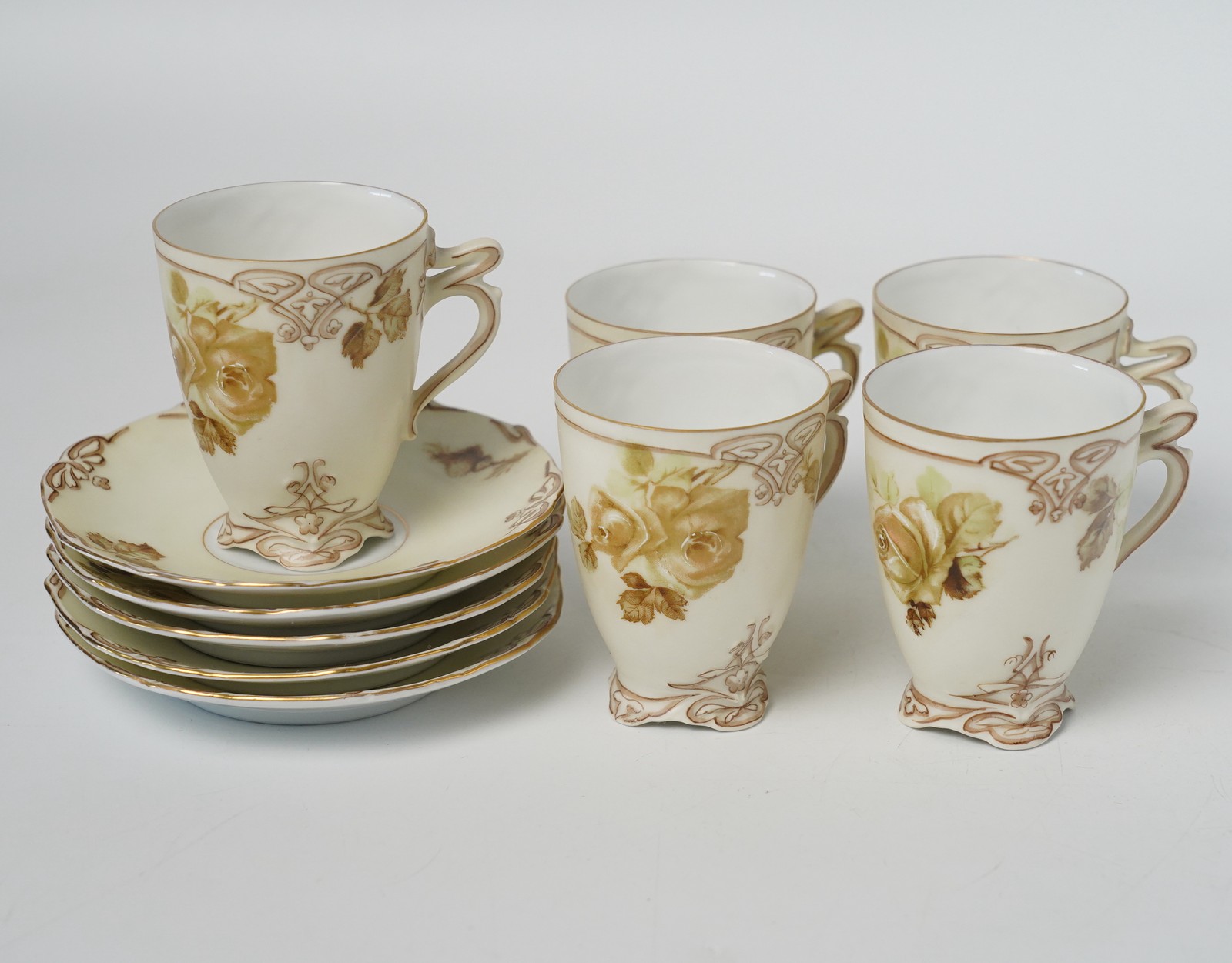 Antique Hermann Ohme Clairon Old Ivory XVI 16 Demitasse Cups & Saucers Set of 5