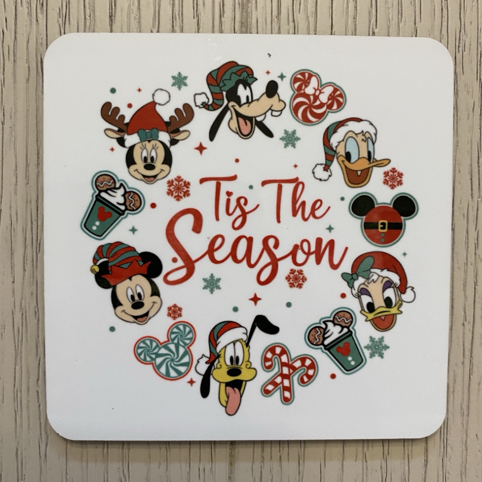Disney Inspired christmas coasters, Mickey & Friends With Cork Backing, Set Of 4