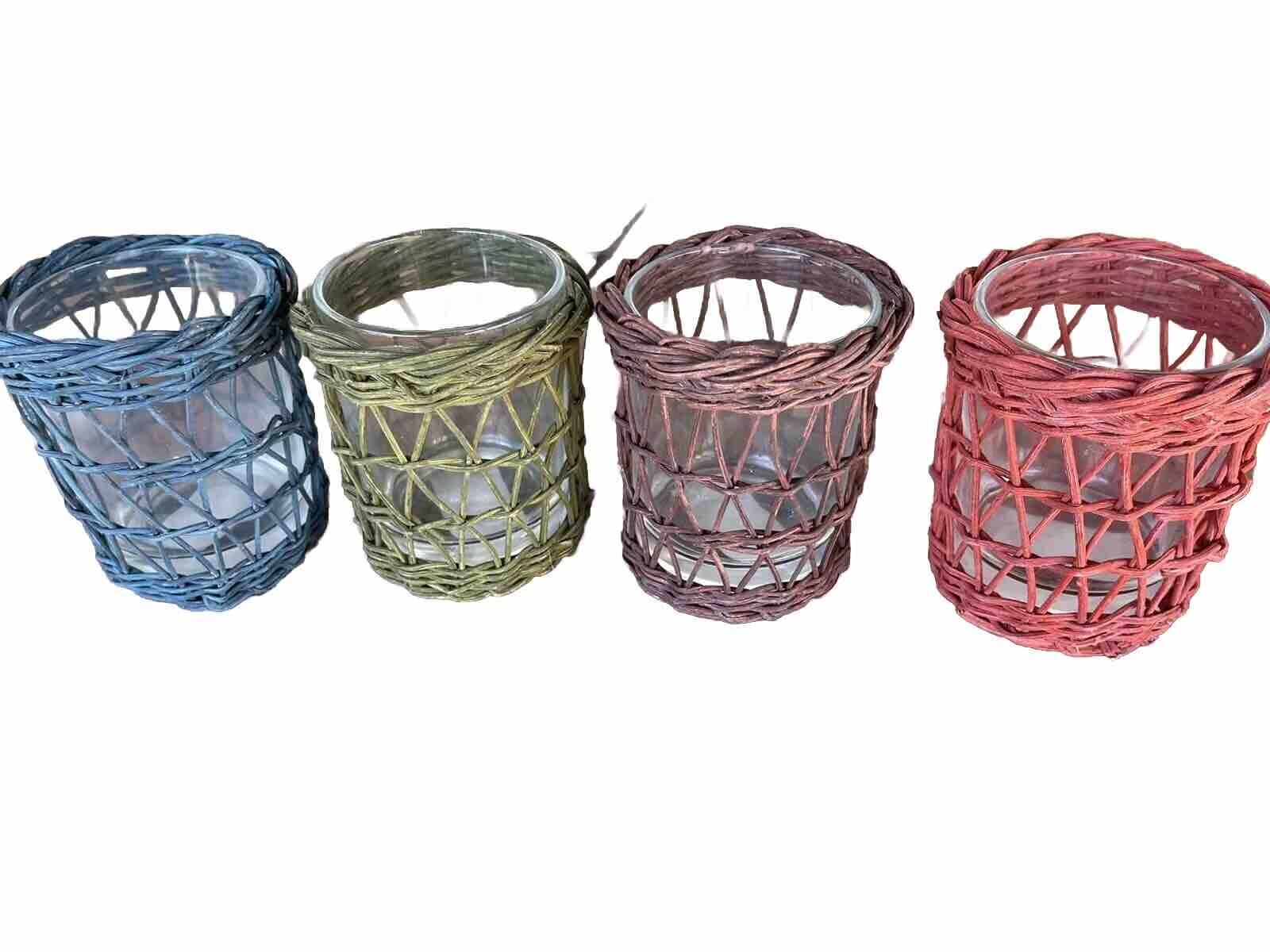 New Woven Wicker Rattan Candle Holder Glass Set 4 Red Blue Green Brown