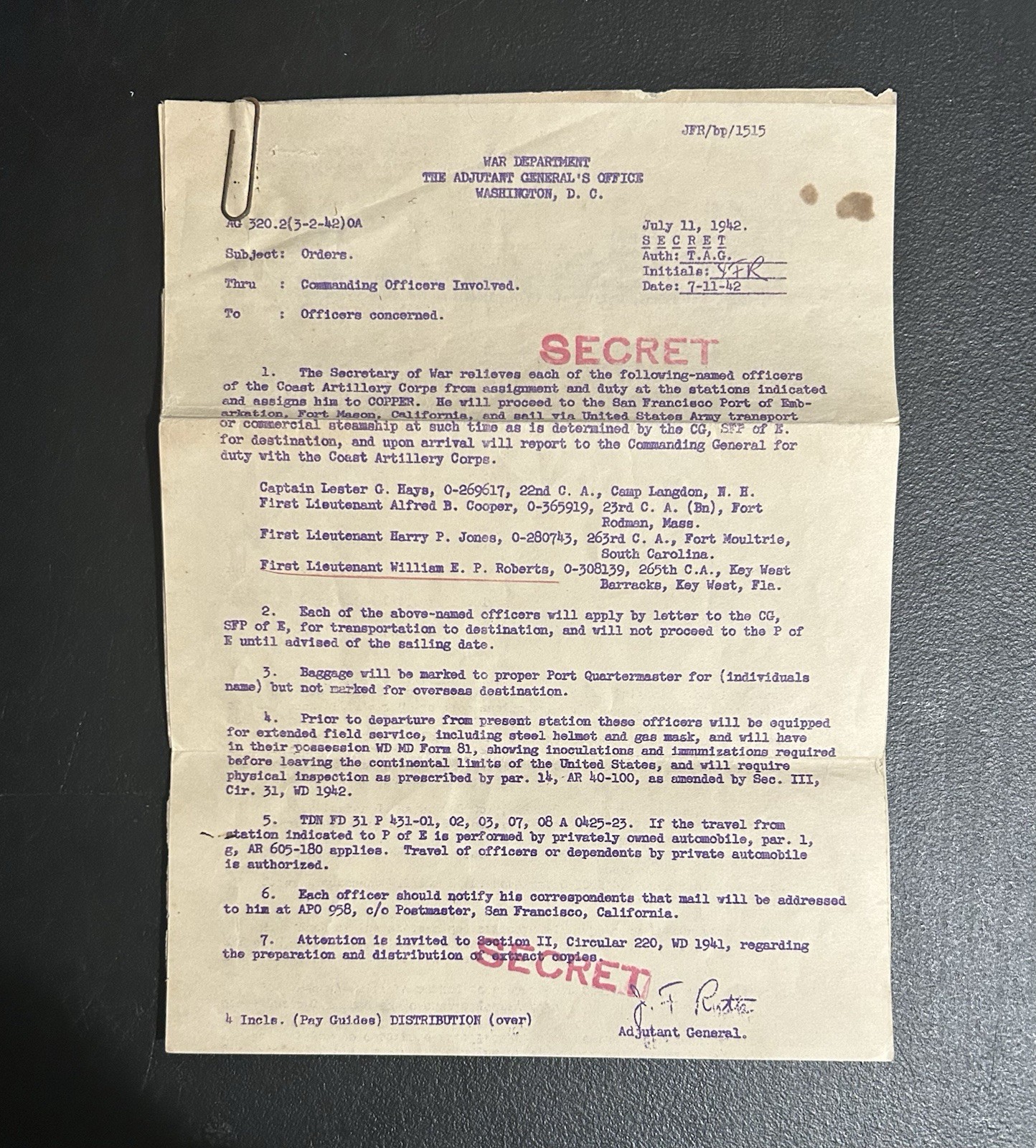 WWII 1942 SECRET Orders – Coast Artillery Corps Officer Deployment Documents