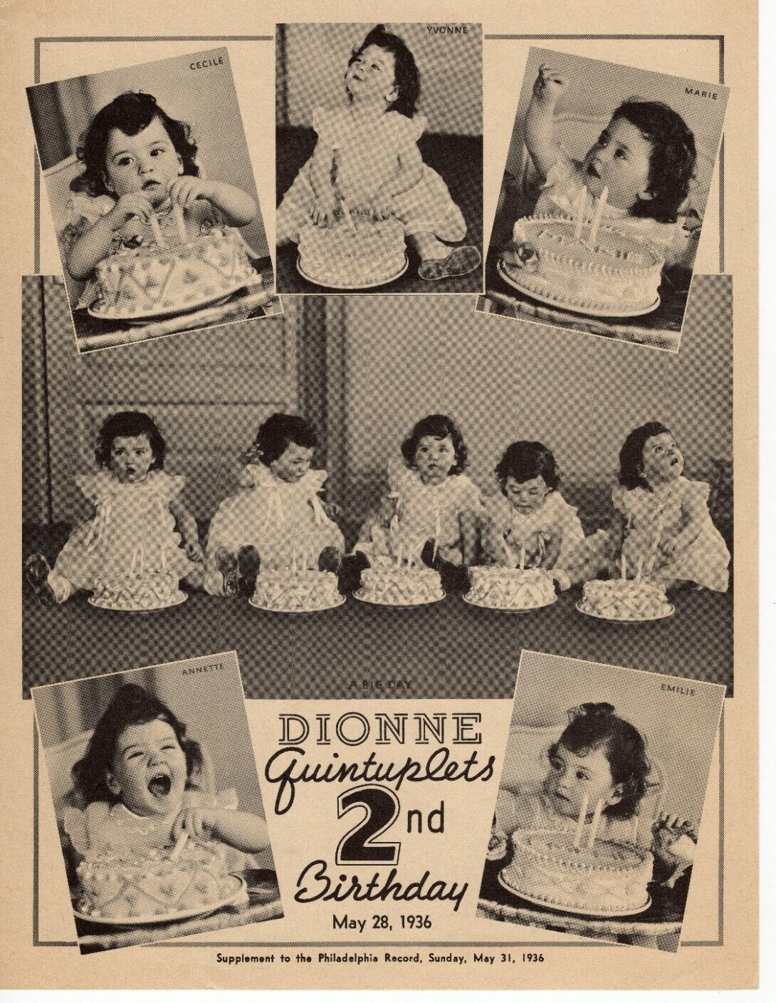 RARE 1936 Dionne Quintuplets 2nd Birthday Philadelphia Record Supplement Sheet