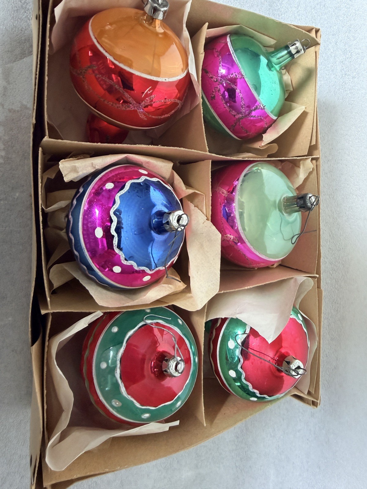 Six Vintage Large 4” Balloon Shape Poland Glass Christmas Ornaments