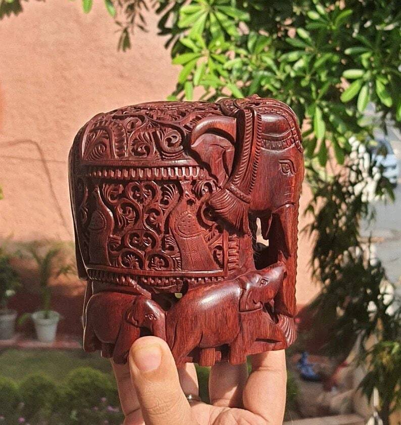 Red Sandalwood carved elephant figure statue vintage indian handmade natural