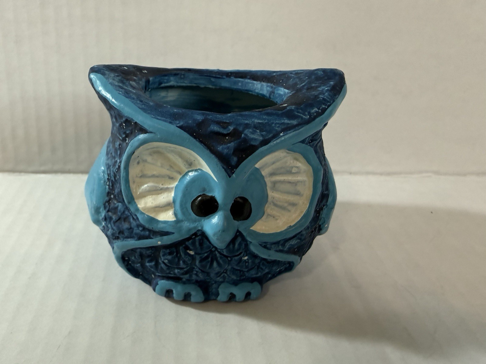 Vintage 1970s Ceramic Blue Owl Candle Holder  Unused  Kitschy MOD Novelty Figure