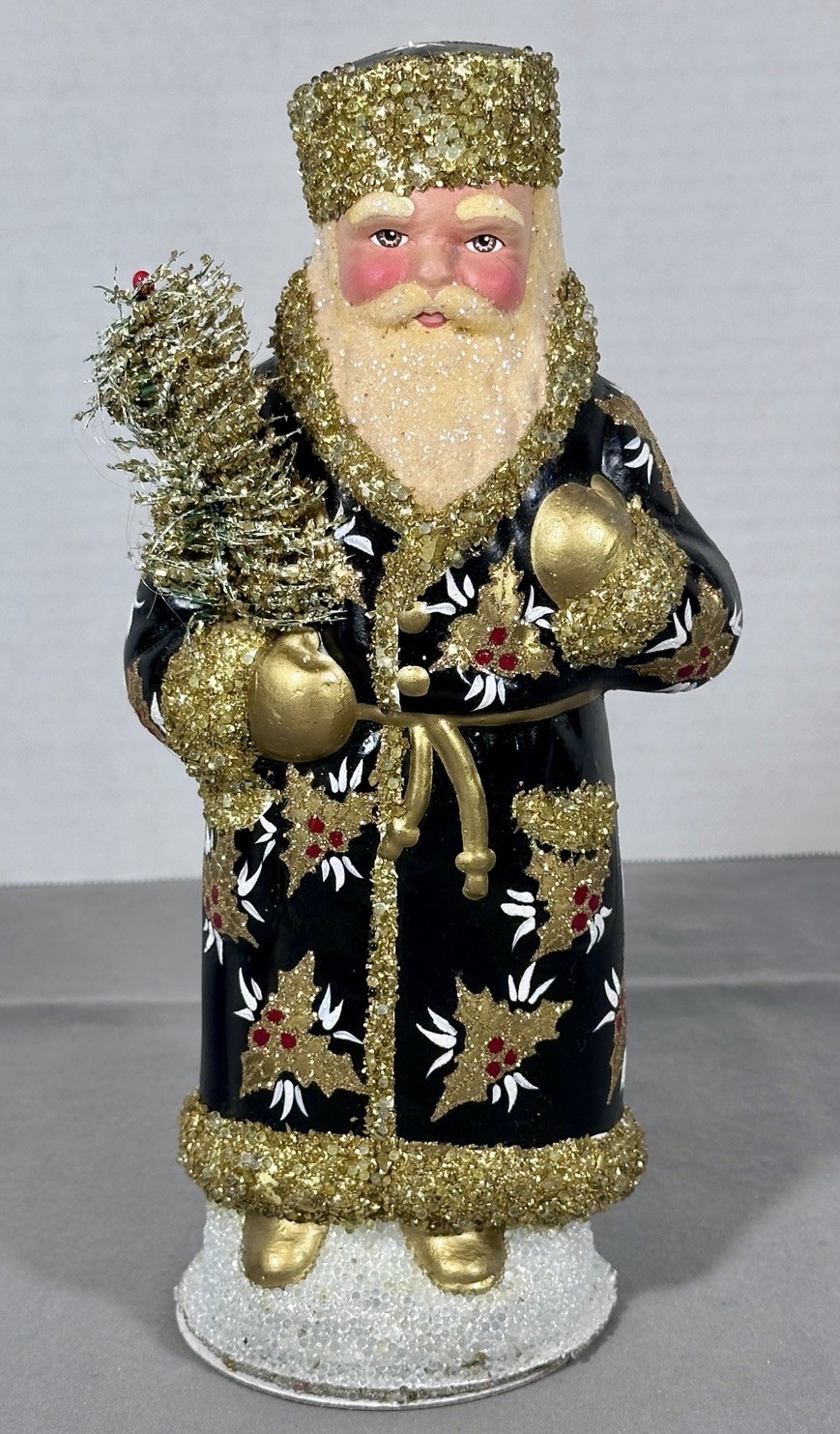 Ino Schaller Russian Santa Candy Container Black Gold Holly Germany 10”