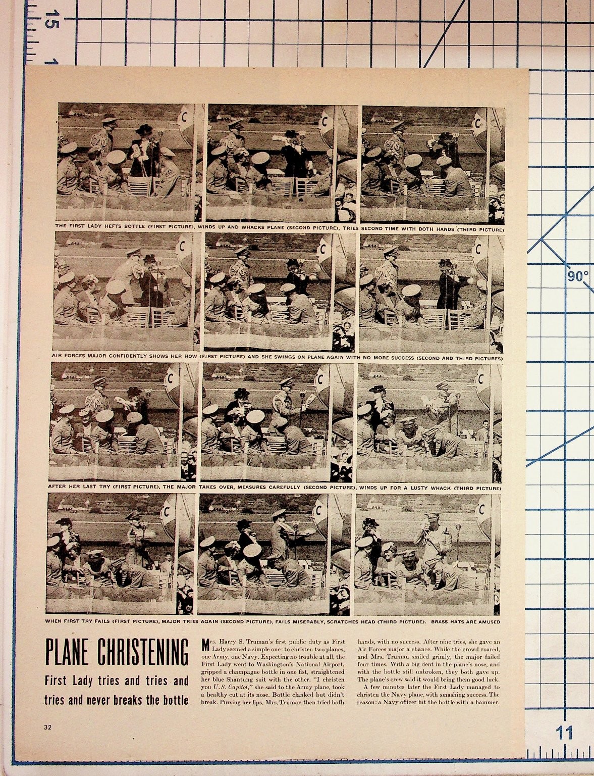 1940s First Lady Bess Truman Plane Christening Fails Magazine Page WWII Era