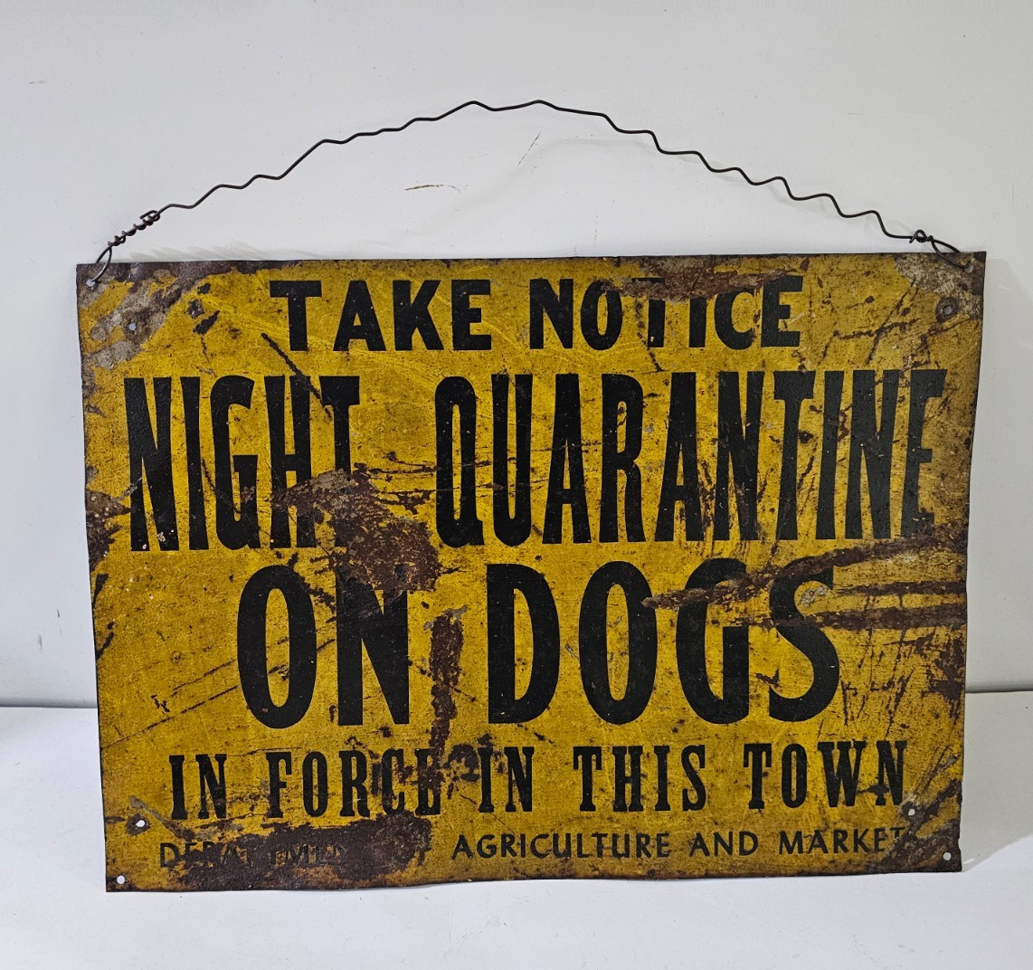 Authentic Vintage Night Quarantine On Dogs In This Town Metal Tin Sign