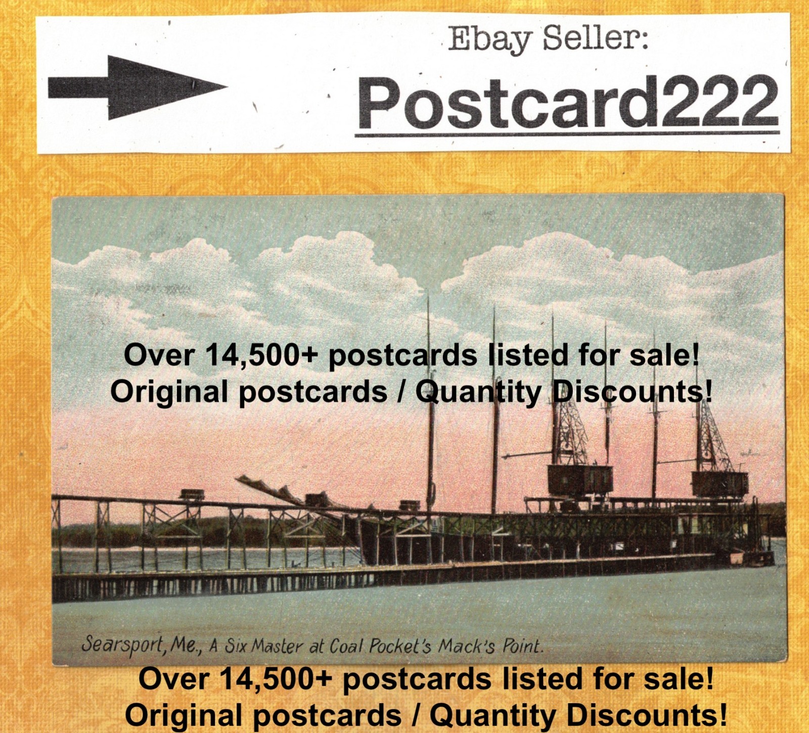 ME Searsport 1908-29 antique postcard SIX MASTER AT COAL POCKETS Macks point