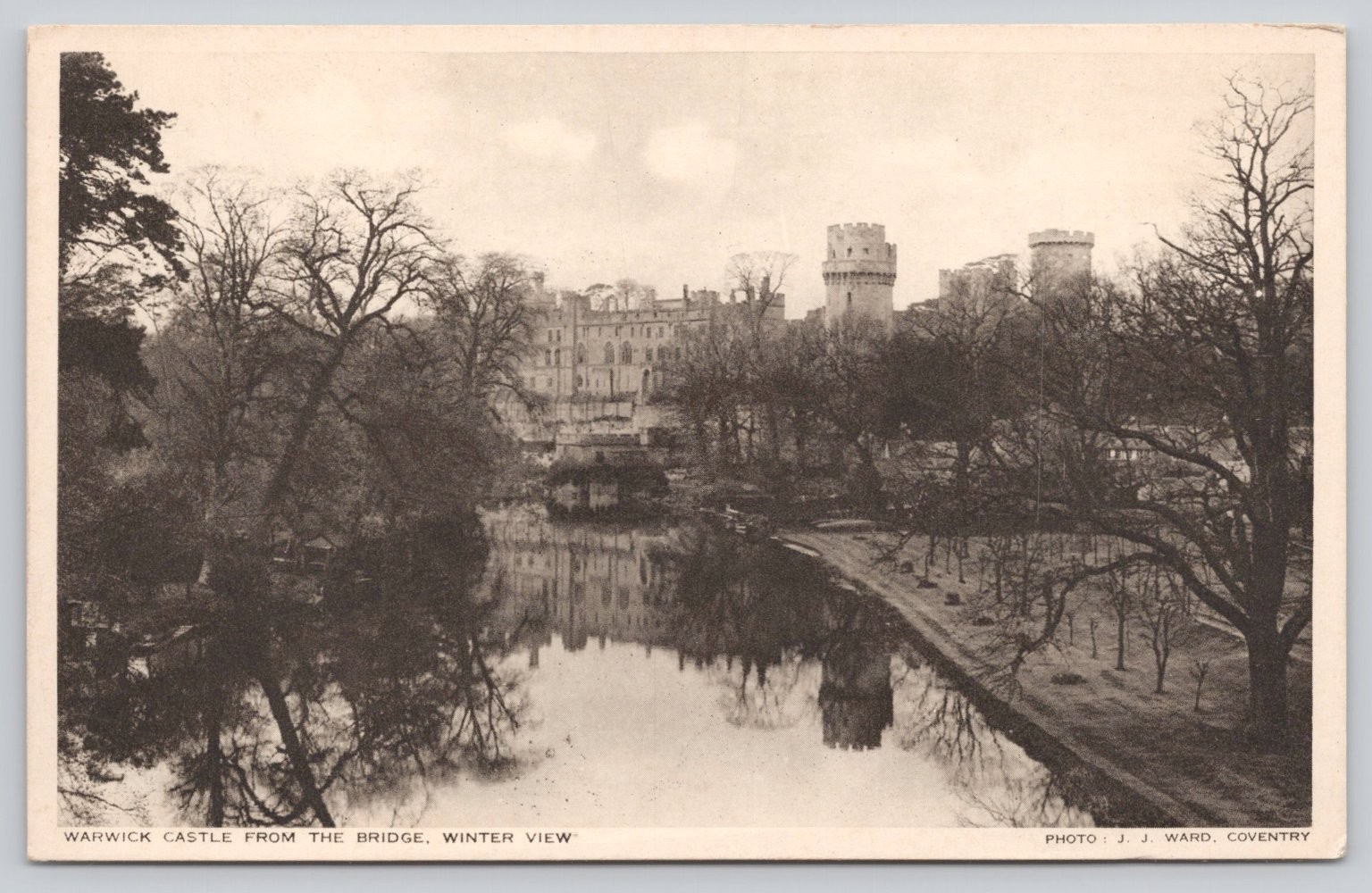 Warwick Castle From The Bridge Winter View RPPC J. J. Ward Coventry Postcard