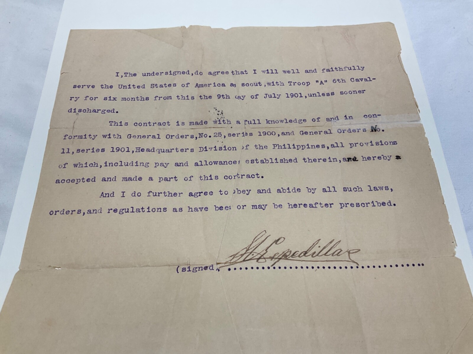 6th US CAVALRY NATIVE  SCOUT PHILIPPINES-ENLISTMENT SGN MEDINS RED INK 1801