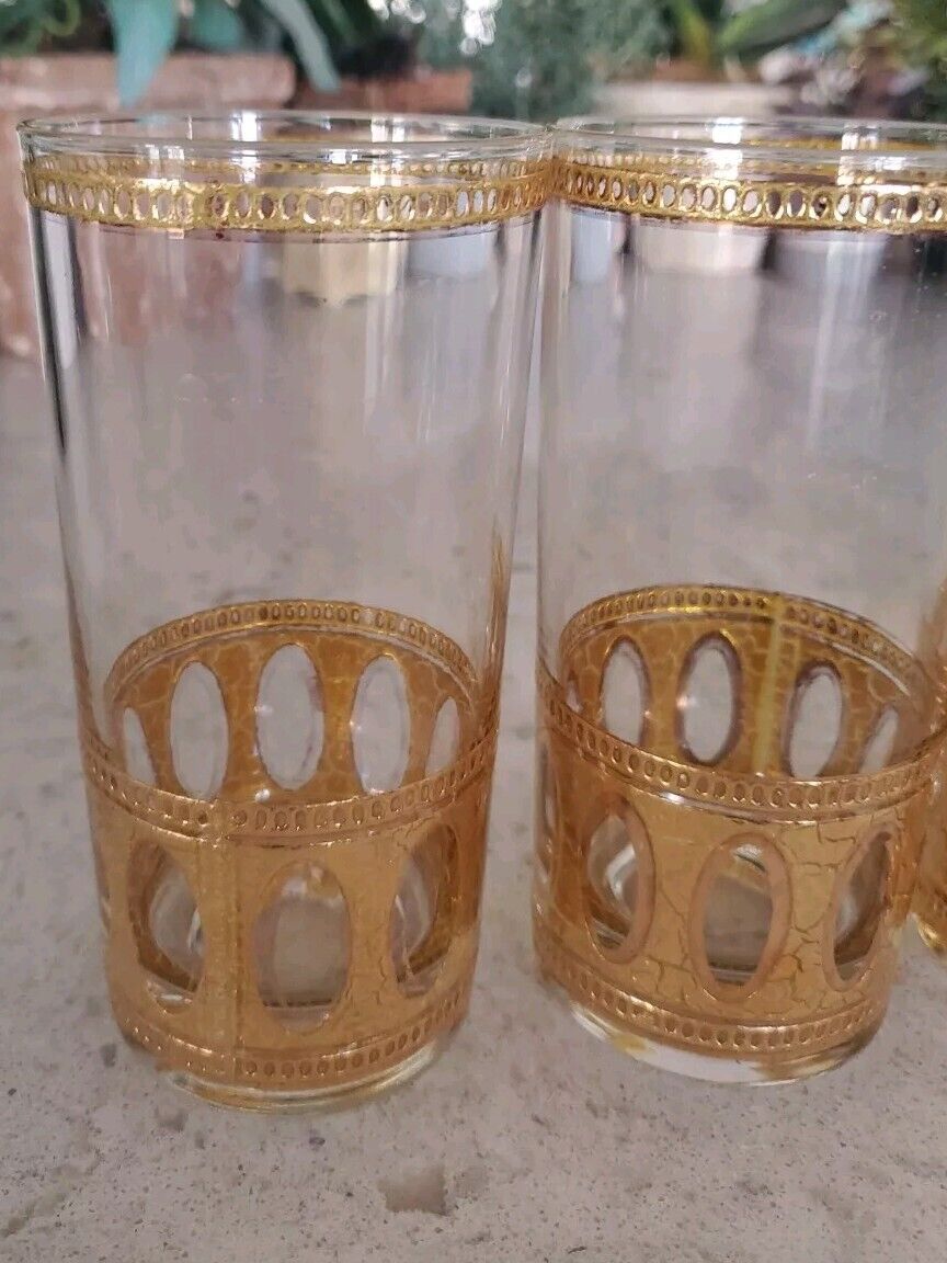 MID CENTURY  MCM CULVER ANTIGUA HIGHBALL GLASSES 22KT GOLD ACCENTS 