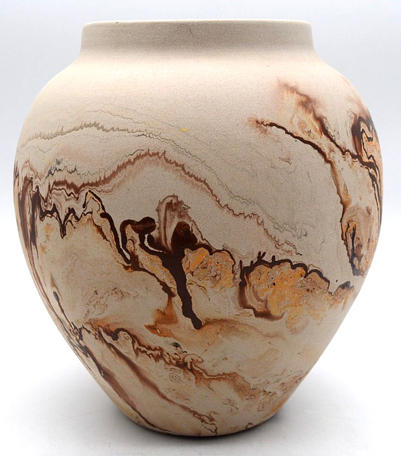 Nemadji Pottery Swirl 8” Vase Earth Toned Marble Pattern Mid-century Vintage