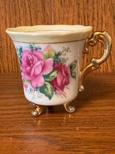 Vintage Three Footed Teacup with Pink Roses Gold Trim 
