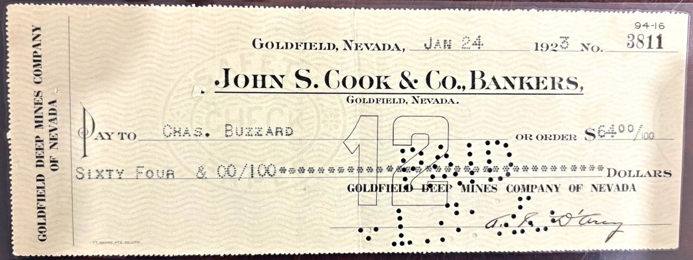 1923 Goldfield Deep Mines Co Nevada Bank Check John S. Cook & Co $45 Signed