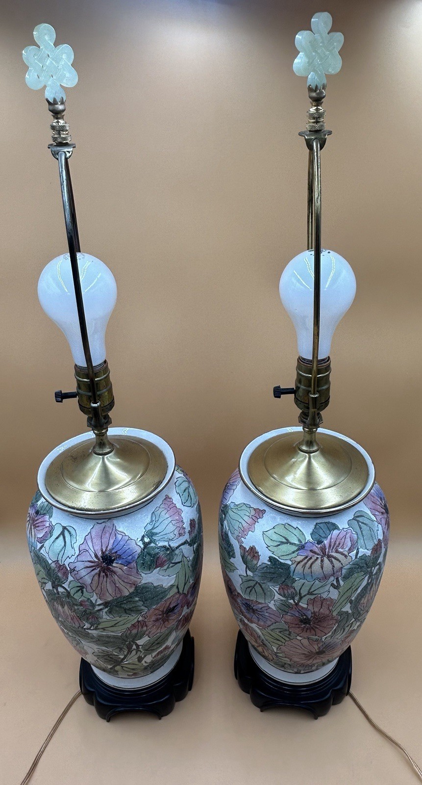 Two Vintage Wescal Chinoiserie Table Lamps Porcelain Floral Jade Style Finial.
